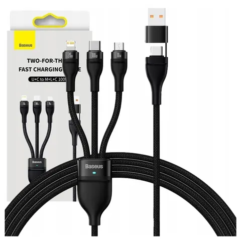 Baseus - Flash - Series-kabel USB Type C / USB Type A - USB Type C / Lightning / micro-USB - 100 - W - 1,2 - m - zwart - (CASS030101) – afbeelding 1