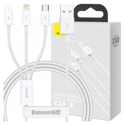 Baseus - Superior - Series USB-A - USB-C / Lightning / micro USB 3.5A kabel 1m - wit – afbeelding 1