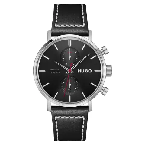 Hugo Take It Off Black Dial Black Leather Strap Watch – image 1