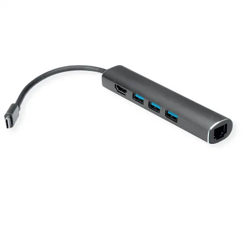 VALUE USB Typ C Dockingstation, HDMI 4K, 3x USB Typ A, Gigabit Ethernet, grau – Bild 1