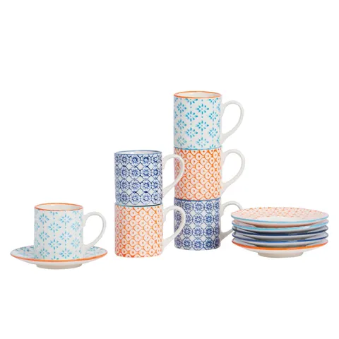Nicola Spring 12 Piece Hand-Printed Espresso Cup & Saucer Set - 65ml - 3 Colours Multi 12 – image 1