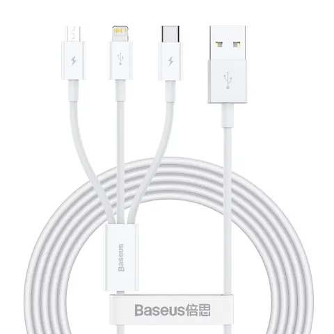 Baseus - USB Kabel 3-in-1 Serie - USB-C, Lightning, Micro USB - 150cm - Wit – afbeelding 1