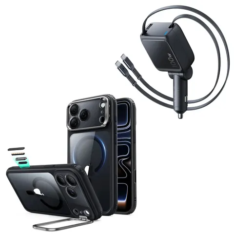 iPhone 18 Pro Classic Hybrid Magnetic Case with Camera Control and Flex Stand, Plus Xtend 100W Retractable Car Charger Bundle - Clear - Clear Black – Bild 1