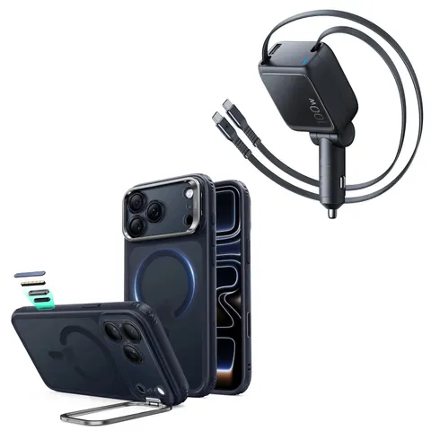 iPhone 18 Pro Classic Hybrid Magnetic Case with Camera Control and Flex Stand, Plus Xtend 100W Retractable Car Charger Bundle - - Frosted Blue – Bild 1