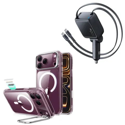 iPhone 18 Pro Max Classic Hybrid Magnetic Case with Camera Control and Flex Stand, Plus Xtend 100W Retractable Car Charger Bundle - Clear - Clear – Bild 1