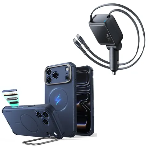 iPhone 18 Pro Cyber Tough Magnetic Case with Camera Control and Flex Stand, Plus Xtend 100W Retractable Car Charger Bundle - Navy Blue - Navy Blue – Bild 1
