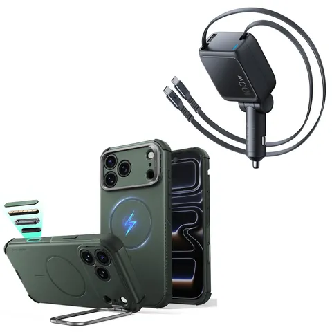 iPhone 18 Pro Max Cyber Tough Magnetic Case with Camera Control and Flex Stand, Plus Xtend 100W Retractable Car Charger Bundle - Olive - Olive Green – Bild 1