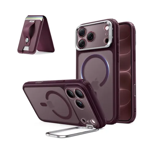 iPhone 18 Pro Max Classic Hybrid Magnetic Case with Camera Control and Flex Stand, Plus Geo Wallet Stand Bundle - Frosted - Frosted Deep Burgundy – image 1