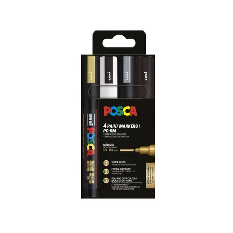 Posca stiften set 5M wit/zwart/goud/zilver – afbeelding 1