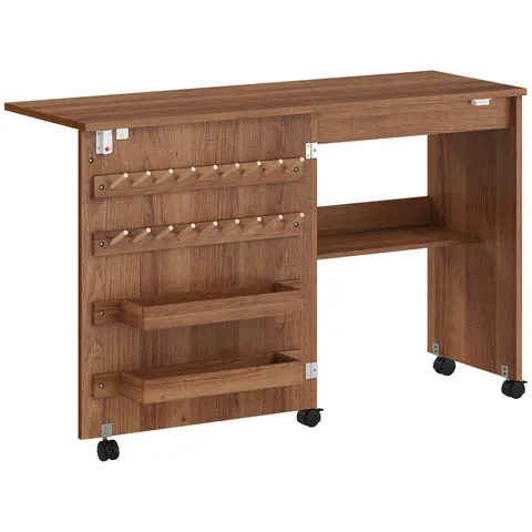 HOMCOM Folding Sewing Table, Rolling Sewing Cabinet, Magnetic Barn Door, 2 Bins, Shelf, 18 Spool Pegs, brown | Aosom Ireland – image 1