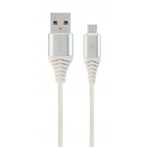 Premium micro-USB laad- & datakabel 'katoen', 2 m, zilver/wit – afbeelding 1