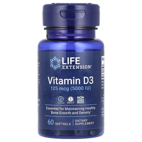 Life Extension, Vitamin D3, 125 mcg (5,000 IU), 60 Softgels – image 1