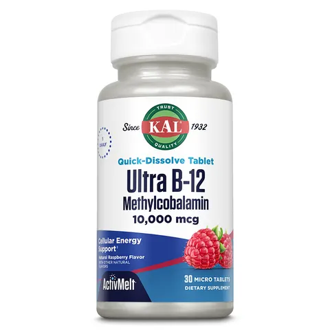KAL, Ultra B-12 Methylcobalamin, Raspberry, 10,000 mcg, 30 Micro Tablets – image 1