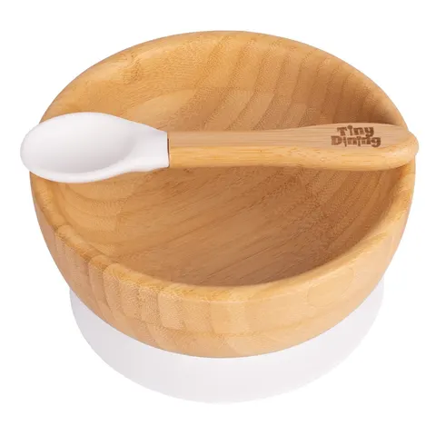Tiny Dining Children's Bamboo Suction Bowl& Spoon Set - White – image 1