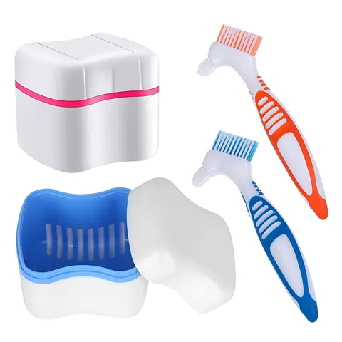 Denture Cleaner Box and Brush Set - 2 Pack Denture Bath Case with Basket + 2 Pack Denture Brush, Portable Denture Retainer Storage Box, Premium – image 1
