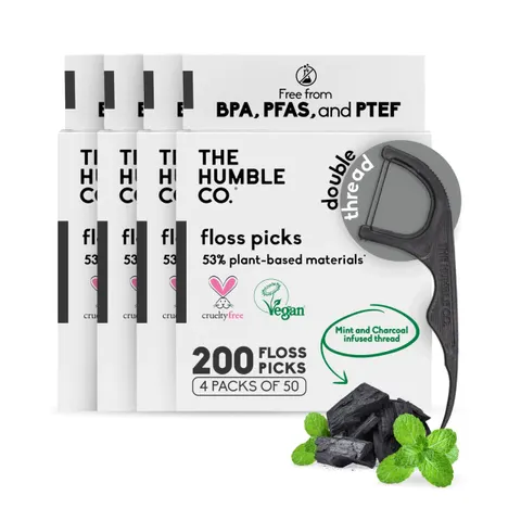 The Humble Co. Floss Picks 200 Count - Plant-Based, Charcoal, Double-Thread – image 1