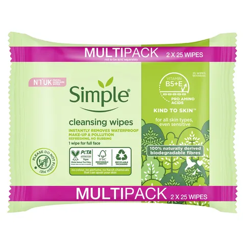 Simple Kind To Skin Biodegradable Cleansing Wipes 25's Double Pack – image 1