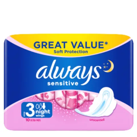 Always Sensitive Night Size 3 Sanitary Pads With Wings - 10 pcs – image 1