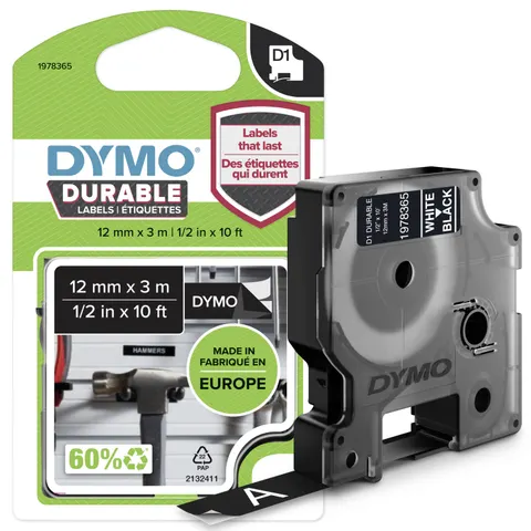 DYMO D1 Schriftband Vinyl 12mmx3.0m weiß ->schwarz – Bild 1