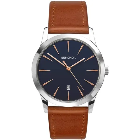 Sekonda Mens Dated Silver Case Black Dial Brown Leather Strap Watch - 1559 – image 1