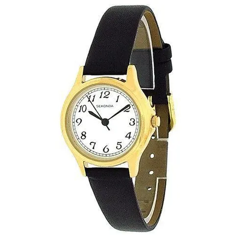 Sekonda Ladies Basic Gold Plated White Dial Black Leather Strap Watch 4134 – image 1