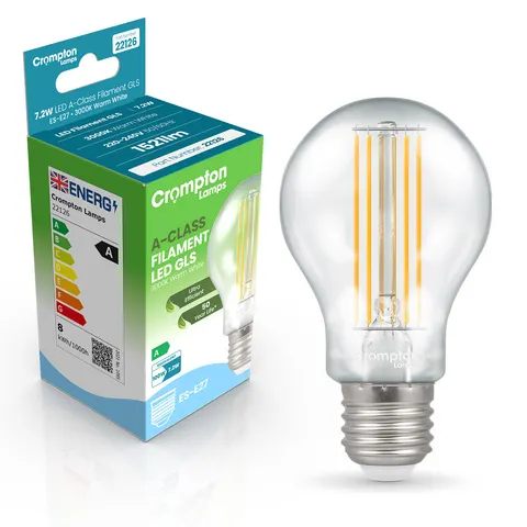 Crompton GLS LED Ultra-Efficient Light Bulb E27 7.2W (100W Eqv) Warm White Clear A-Class Screw Filament A-Rated – image 1