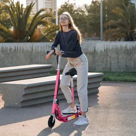 Homcom foldable powered scooter with adjustable seat, brake pink – image 1