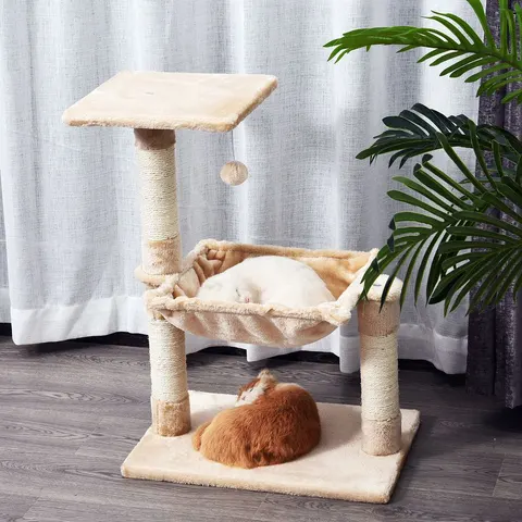 PawHut Cat Scratch Post with Bed Cat Tree for Indoor Cats Sisal Scratching Posts Hammock Kitty Activity Centre Beige – image 1