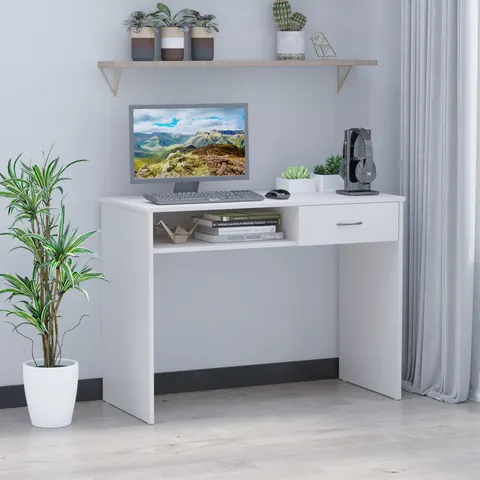 HOMCOM Compact Computer Desk, Study Table with Drawer and Storage Compartment, Writing Workstation, White – image 1