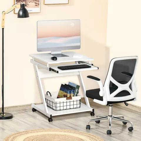 HOMCOM Movable Computer Desk with 4 Moving Wheels Sliding Keyboard Tray White – image 1