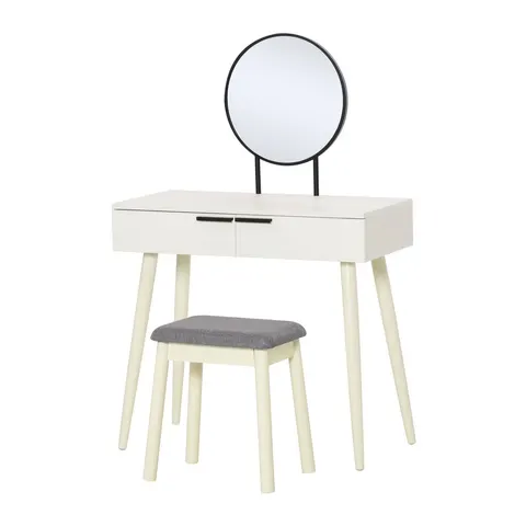 Dressing Table Vanity Set Makeup Desk with Round Mirror Cushioned Stool White – image 1