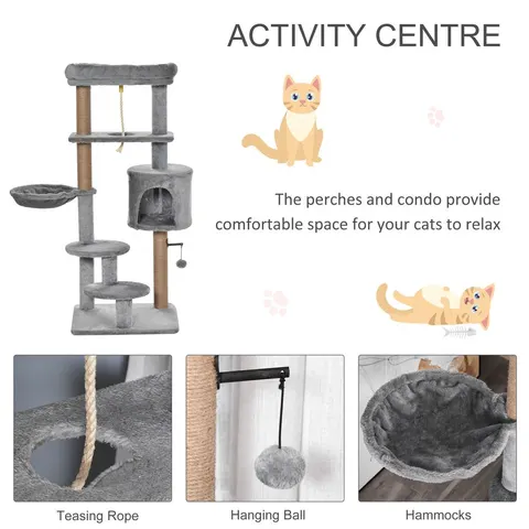 PawHut 120cm Cat Tree Tower with Scratch Post Perch Hammock Condo Light Grey – image 1