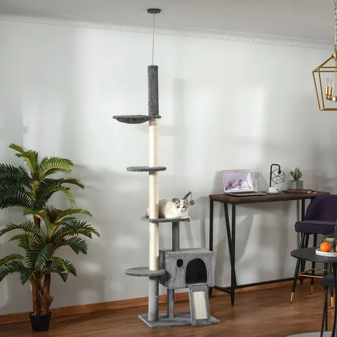 Pawhut 270cm floor to ceiling cat tree scratching post with hammock, grey – image 1