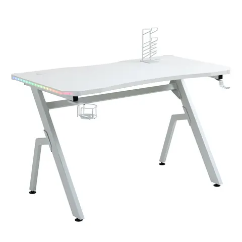 Gaming Desk Racing Style Computer Table RGB LED Lights, Hook, White – image 1