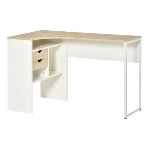 L-Shaped Corner Computer Desk Storage Workstation Oak and White – image 1