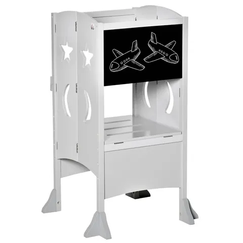 Homcom kids step stool toddler kitchen stool with blackboard lockable handrail grey – image 1