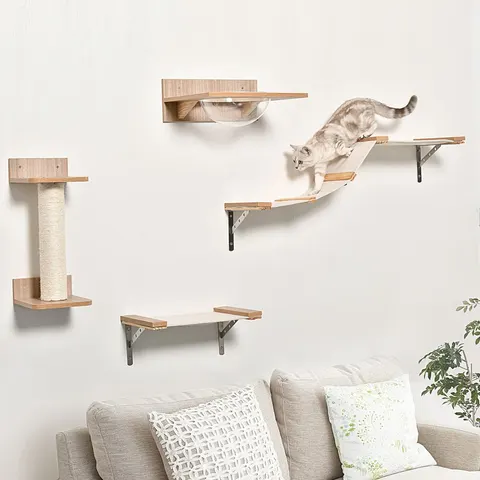 PawHut Cat Tree 4PCs Wall-mounted Shelf Set Climbing Frame – image 1