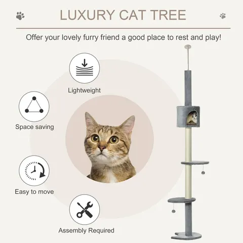 PawHut Floor to Ceiling Cat Tree with Condo Scratching Post, Light Grey – image 1