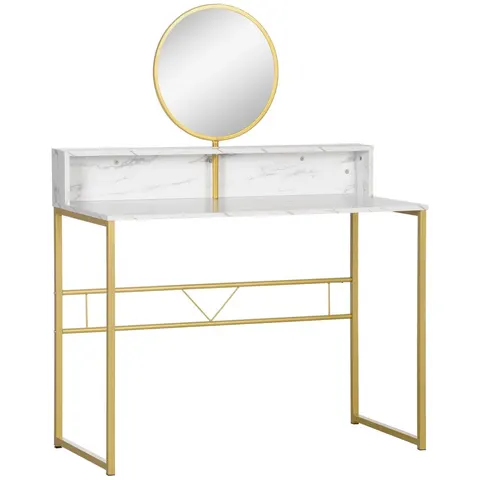 Dressing Table w/ Round Mirror, Vanity Makeup Desk Faux Marble Texture White – image 1
