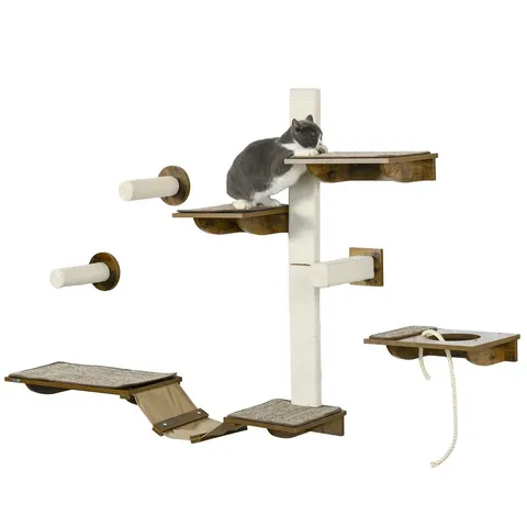PawHut Wall Mounted Cat Shelves - Posts, Perches, Ladder - Brown – image 1