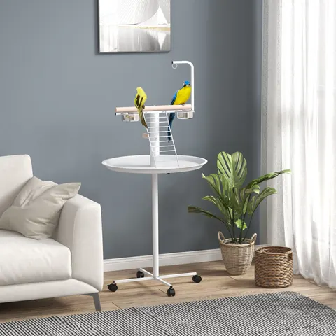 PawHut Bird Table: Elevated, Mobility, Perches, Stainless, Round Tray – image 1