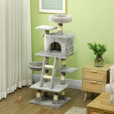PawHut 132cm Cat Activity Centre for Large Cats with Scratching Posts Grey – image 1