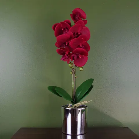46cm Artificial Orchid Red with Silver Pot – S0671497823 – image 1