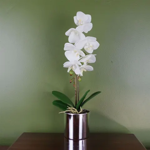46cm Artificial Orchid White with Silver Pot – S0671497708 – image 1