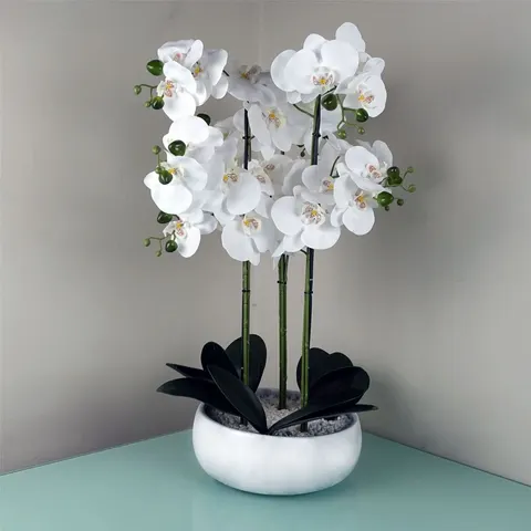 60cm Orchid Artificial White Marble Effect Ceramic Planter – image 1