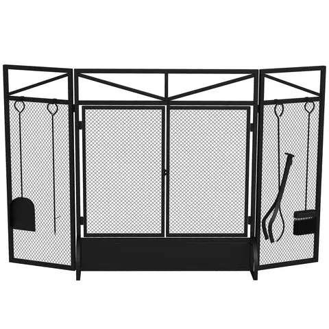 HOMCOM 3 Panel Folding Fire Guard Screen with Fireplace Tool Sets and Front Doors, Freestanding Fire Screen Spark Guard with Feet for Open Fire, Log B – image 1