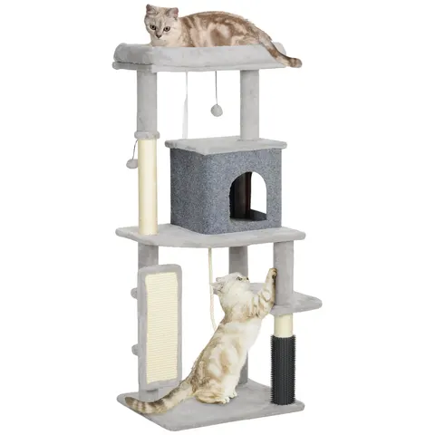 PawHut Cat Tree Tower Scratching Post Bed House, 132cm, Light Grey – image 1