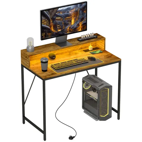 HOMCOM Computer Desk with LED Lights, Study Table with Shelf, Rustic Brown – S0671605551 – image 1