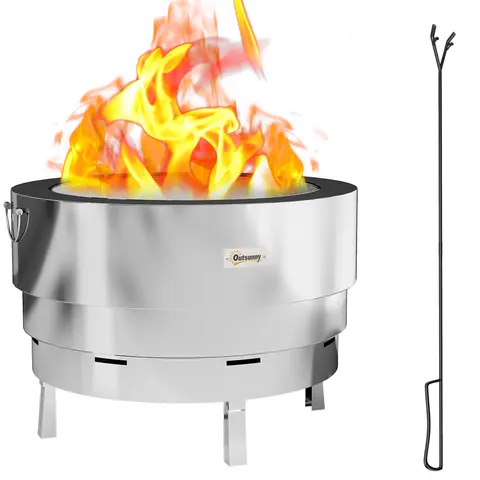 Outsunny Round Fire Pit with Grill Net, Stainless Steel Firepit, Silver – image 1