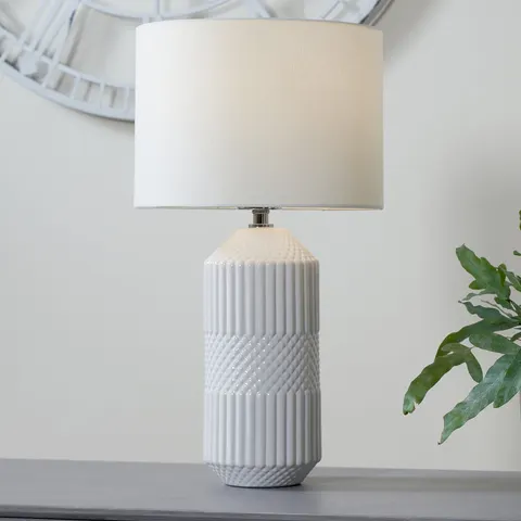 White Geo Textured Tall Ceramic Table Lamp – image 2